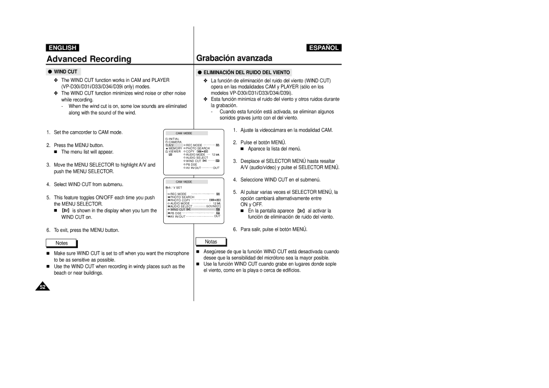 Samsung VP-D31(i), VP-D33(i), VP-D34(i), VP-D39(i), VP-D30(i) manual Seleccione Wind CUT en el submenú, On y OFF 