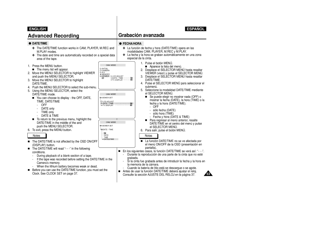 Samsung VP-D39(i), VP-D33(i), VP-D34(i), VP-D31(i), VP-D30(i) manual Fecha/Hora, Time, Date/Time, Off, Date & Time 