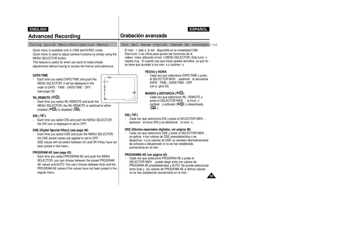 Samsung VP-D33(i), VP-D34(i), VP-D31(i) Using Quick MenuNavigation Menu, Uso del menú rápido menú de navegación, Wl.Remote 