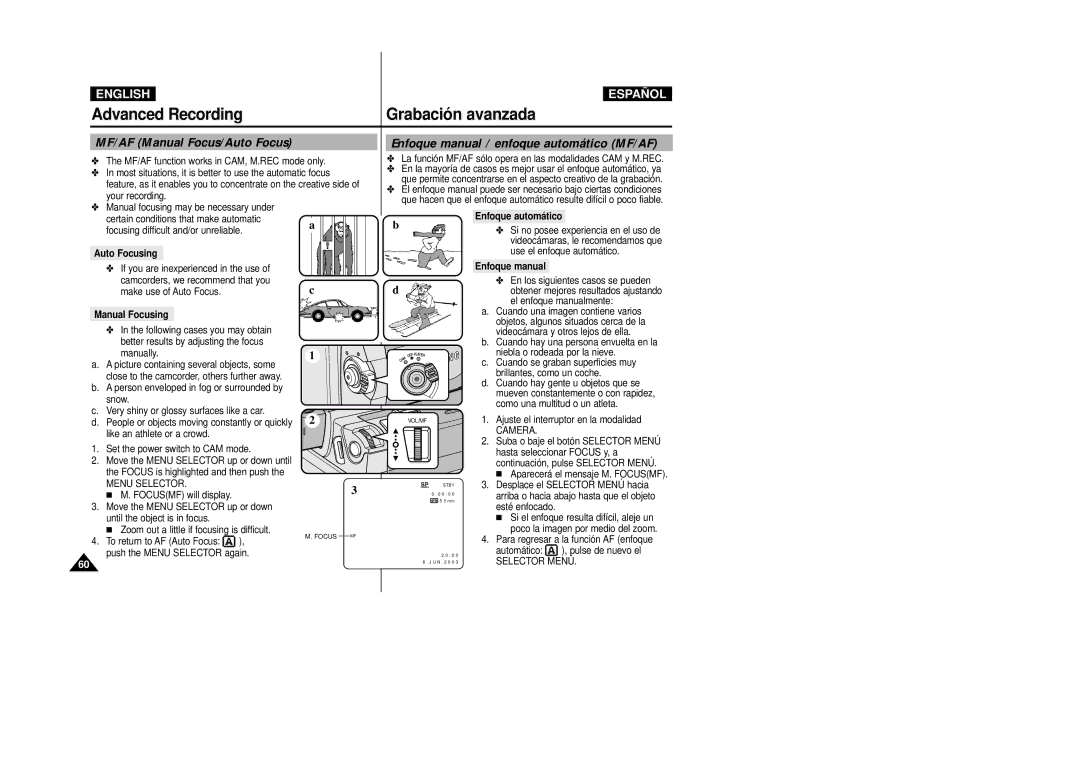 Samsung VP-D33(i), VP-D34(i) Advanced Recording, MF/AF Manual Focus/Auto Focus, Enfoque manual / enfoque automático MF/AF 