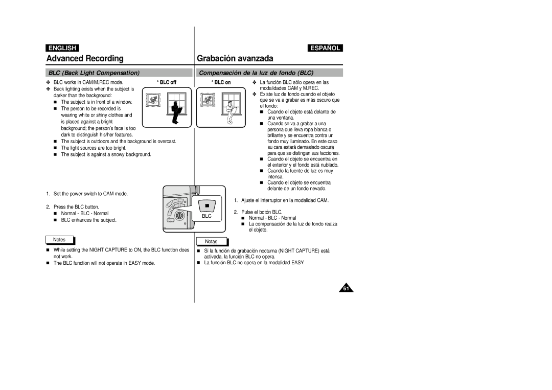 Samsung VP-D34(i), VP-D33(i), VP-D31(i), VP-D39(i) BLC works in CAM/M.REC mode, Subject is in front of a window, BLC on, Blc 