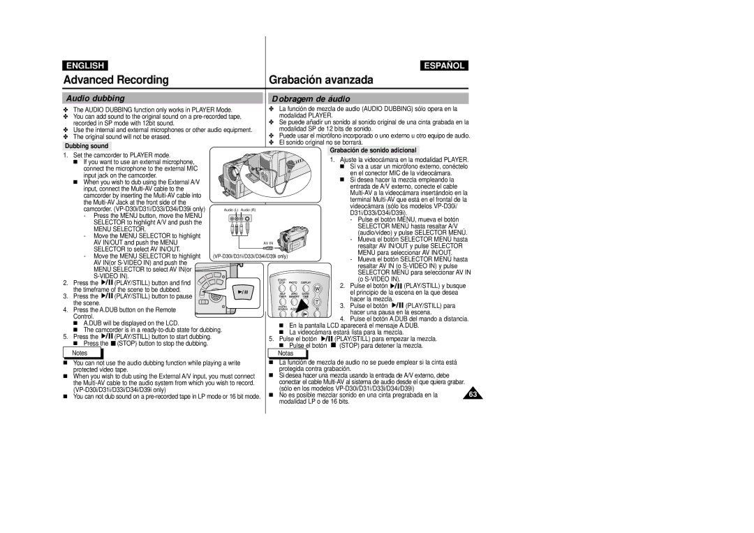 Samsung VP-D39(i), VP-D33(i), VP-D34(i), VP-D31(i), VP-D30(i) manual Audio dubbing, Dobragem de áudio 