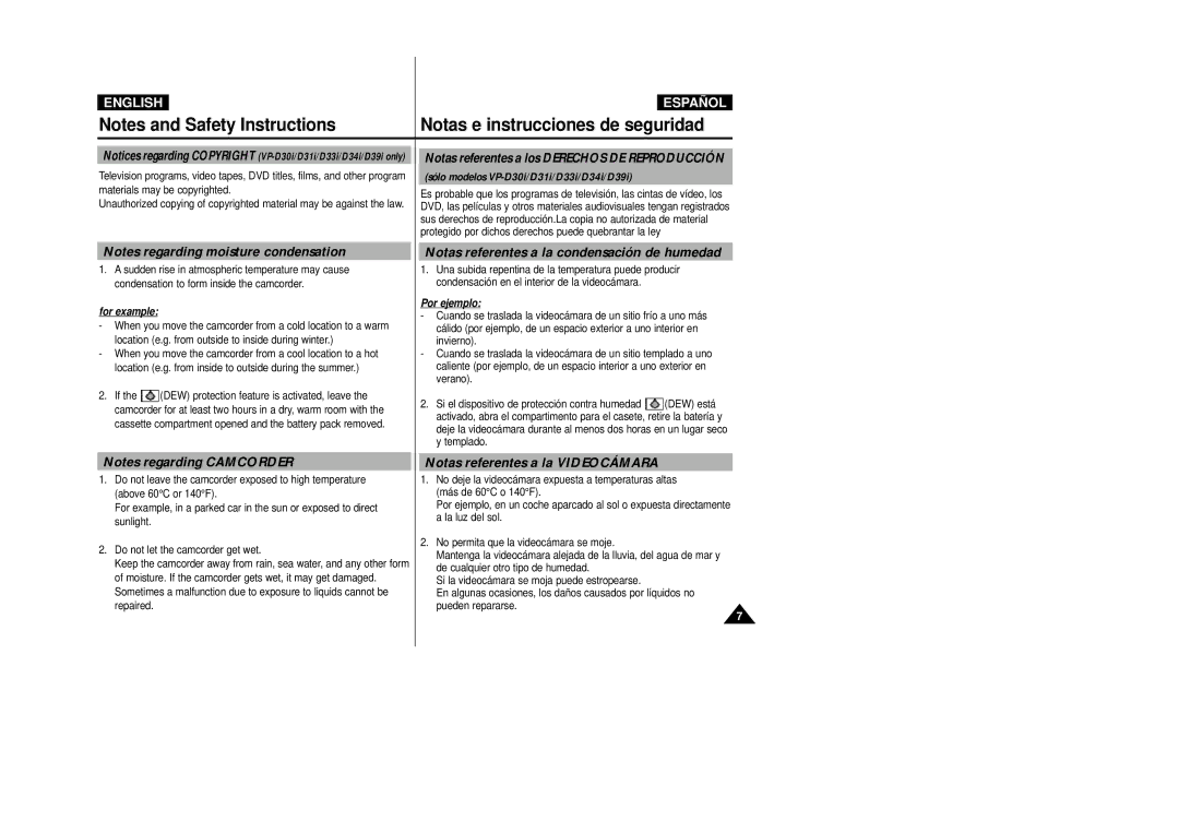 Samsung VP-D31(i), VP-D33(i), VP-D34(i) Notas referentes a la condensación de humedad, Notas referentes a la Videocámara 