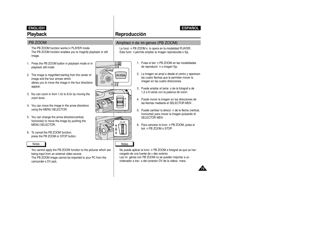 Samsung VP-D33(i), VP-D34(i), VP-D31(i), VP-D39(i), VP-D30(i) manual Ampliación de imágenes PB Zoom 