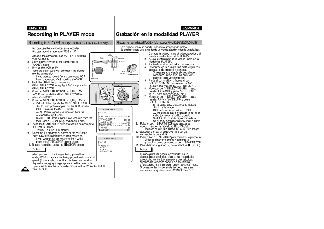 Samsung VP-D34(i), VP-D33(i), VP-D31(i), VP-D39(i), VP-D30(i) manual Recording in Player mode Grabación en la modalidad Player 