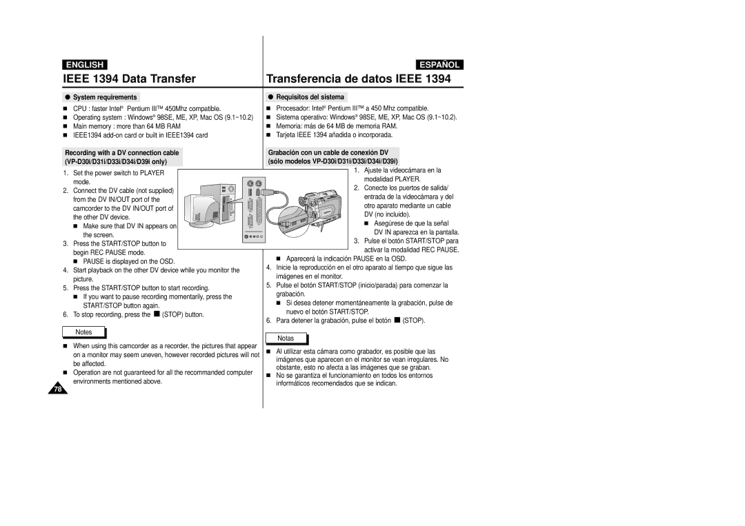 Samsung VP-D39(i), VP-D33(i), VP-D34(i), VP-D31(i), VP-D30(i) manual System requirements, Set the power switch to Player mode 