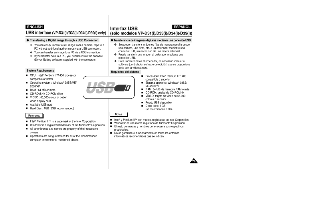 Samsung VP-D30(i), VP-D33(i), VP-D34(i) manual You can transfer an image to a PC via a USB connection, Requisitos del sistema 