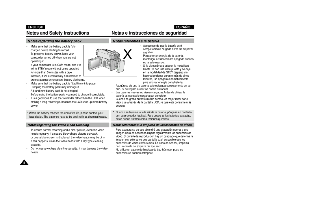 Samsung VP-D39(i), VP-D33(i) manual Notas referentes a la batería, Notas referentes a la limpieza de los cabezales de vídeo 