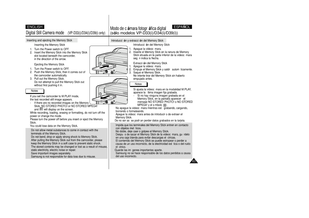 Samsung VP-D39(i), VP-D33(i), VP-D34(i), VP-D31(i), VP-D30(i) manual Ejecting the Memory Stick Extracció n del Memory Stick 