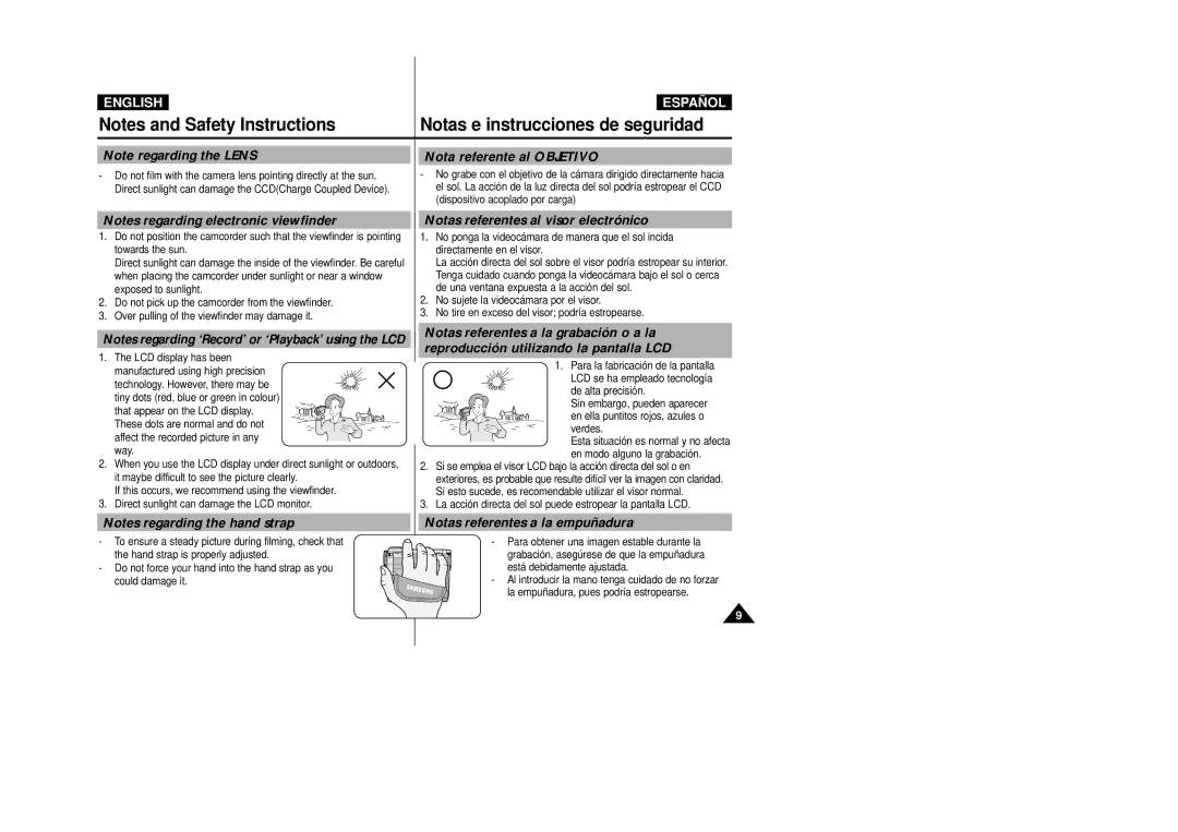 Samsung VP-D30(i) Nota referente al Objetivo, Notas referentes al visor electrónico, Notas referentes a la empuñadura 