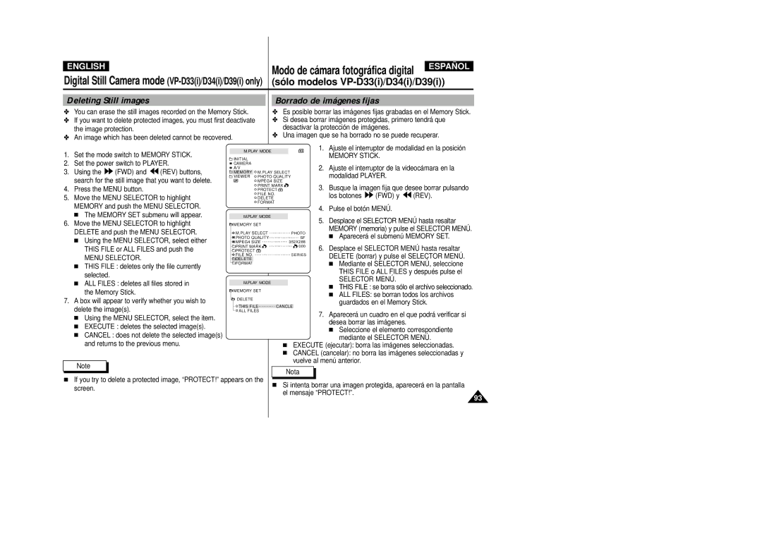 Samsung VP-D39(i), VP-D33(i), VP-D34(i), VP-D31(i), VP-D30(i) manual Deleting Still images, Borrado de imágenes fijas 