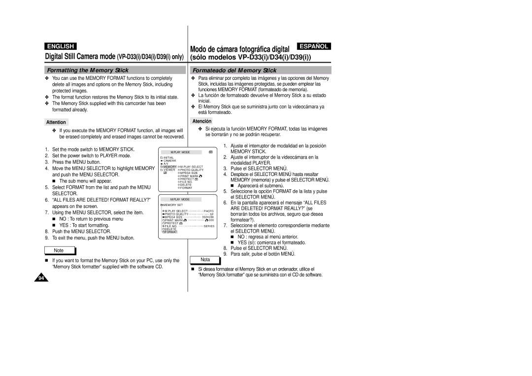 Samsung VP-D30(i), VP-D33(i), VP-D34(i), VP-D31(i) manual Formatting the Memory Stick, Formateado del Memory Stick, Atenció n 