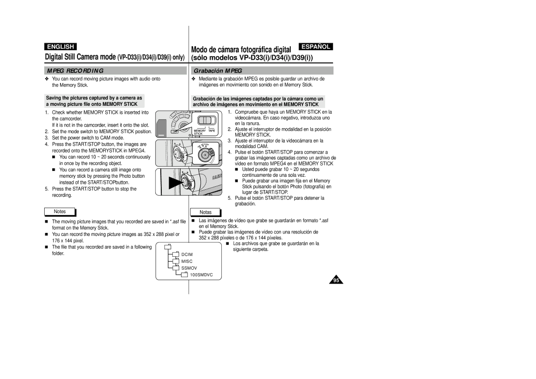 Samsung VP-D33(i), VP-D34(i), VP-D31(i), VP-D39(i) manual Grabación Mpeg, You can record moving picture images with audio onto 