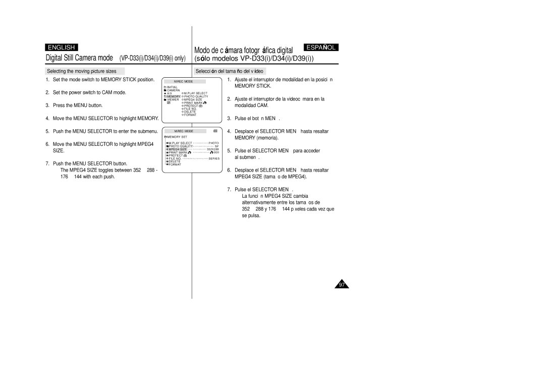 Samsung VP-D31(i), VP-D33(i), VP-D34(i), VP-D39(i), VP-D30(i) Size, Push the Menu Selector button, 176 144 with each push 