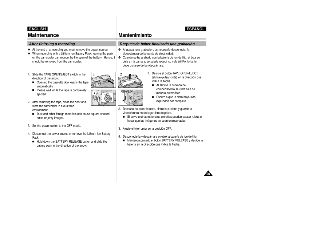 Samsung VP-D30(i) manual Mantenimiento, After finishing a recording, Después de haber finalizado una grabación, Ejected 