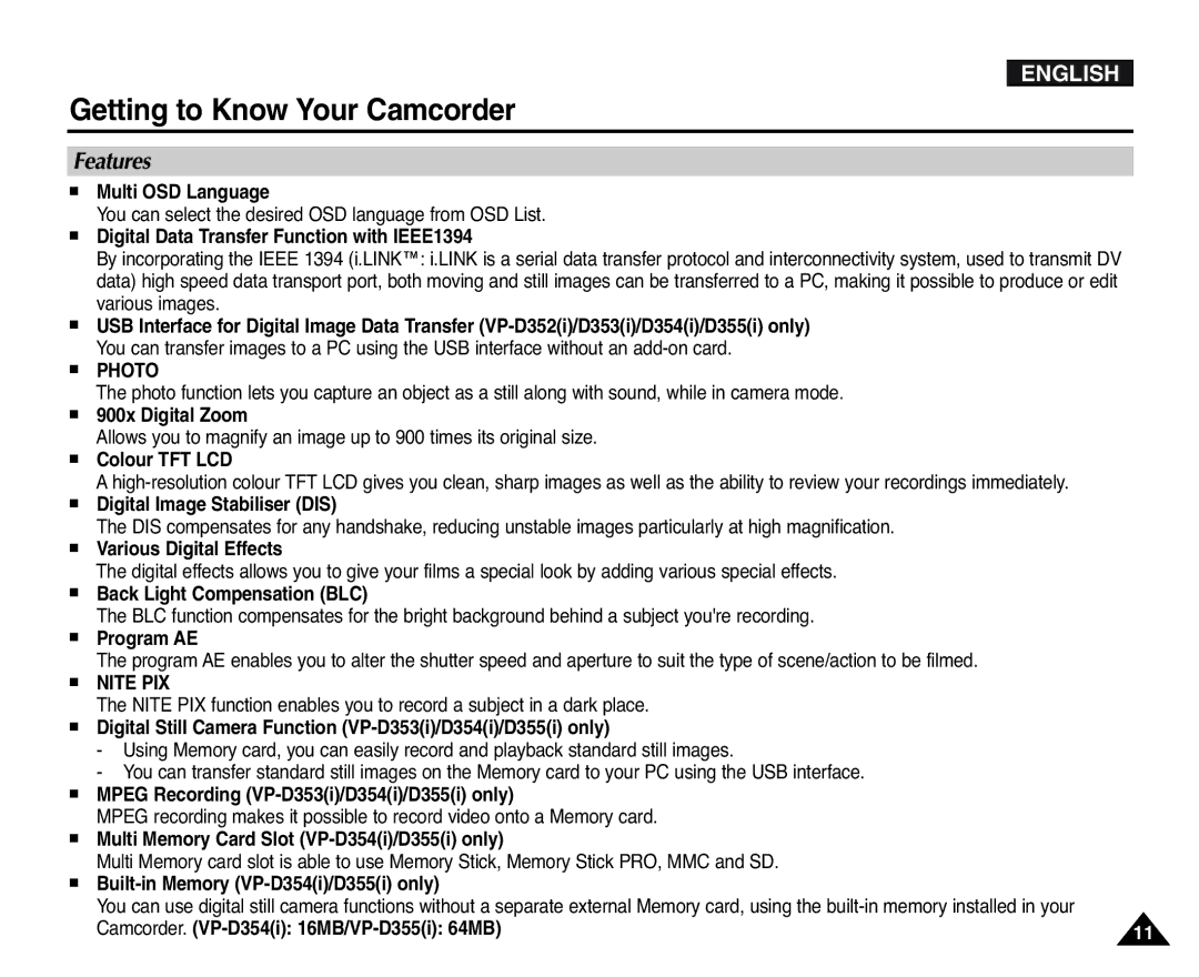 Samsung D353(i), VP-D351(i), D355(i), D352(i), D354(i) manual Getting to Know Your Camcorder, Features 