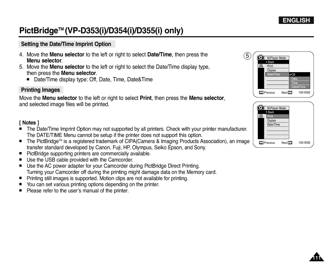 Samsung D353(i), VP-D351(i), D355(i), D352(i), D354(i) manual Setting the Date/Time Imprint Option, Printing Images 