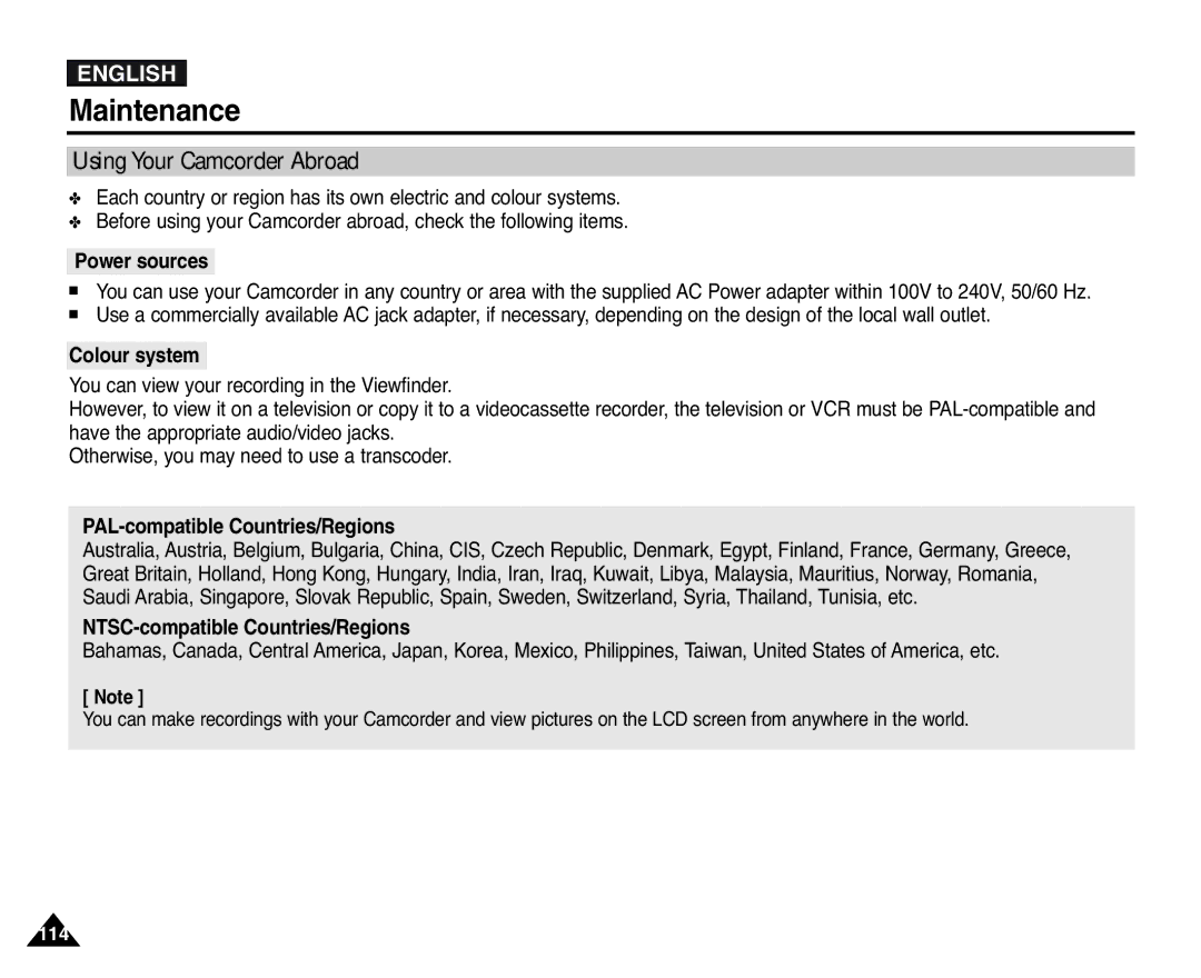 Samsung D354(i), VP-D351(i) Using Your Camcorder Abroad, Power sources, Colour system, PAL-compatible Countries/Regions 