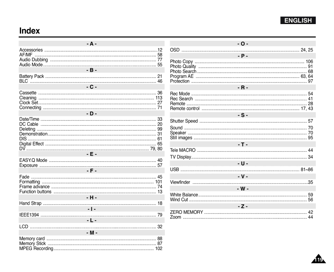 Samsung D354(i), VP-D351(i), D353(i), D355(i), D352(i) manual Index, Lcd 