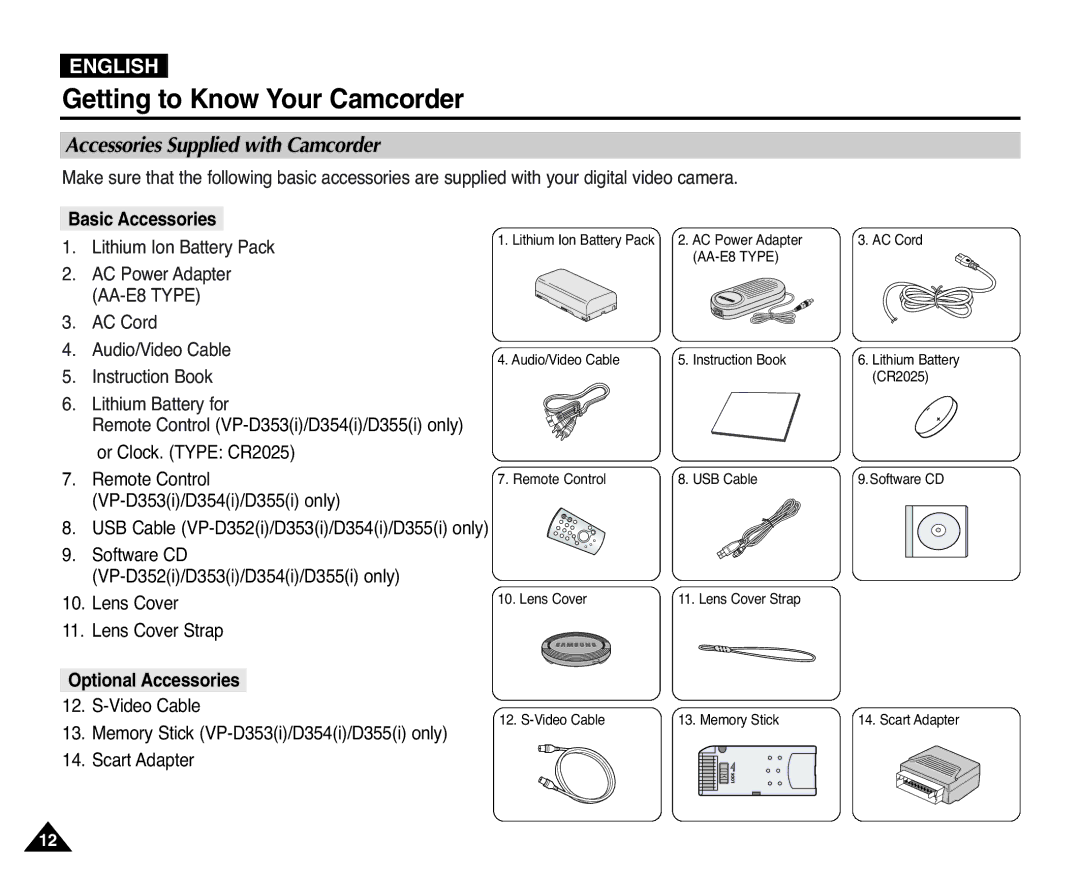 Samsung D355(i), VP-D351(i), D353(i), D352(i) Accessories Supplied with Camcorder, Basic Accessories, Optional Accessories 