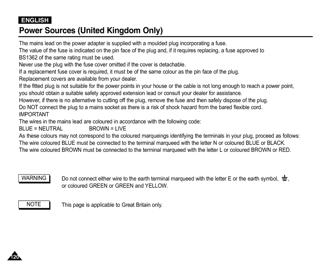 Samsung VP-D351(i), D353(i), D355(i), D352(i), D354(i) manual Power Sources United Kingdom Only, Blue = Neutral Brown = Live 