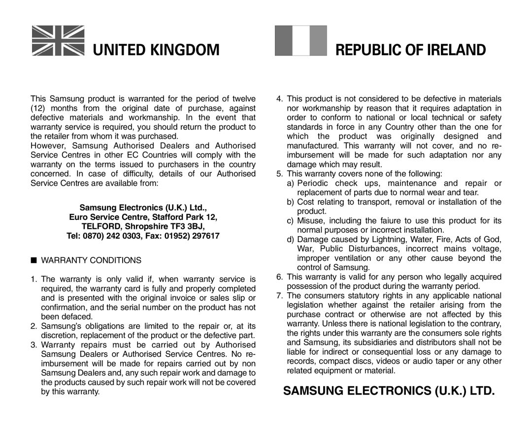 Samsung D353(i), VP-D351(i), D355(i), D352(i), D354(i) manual United Kingdom 