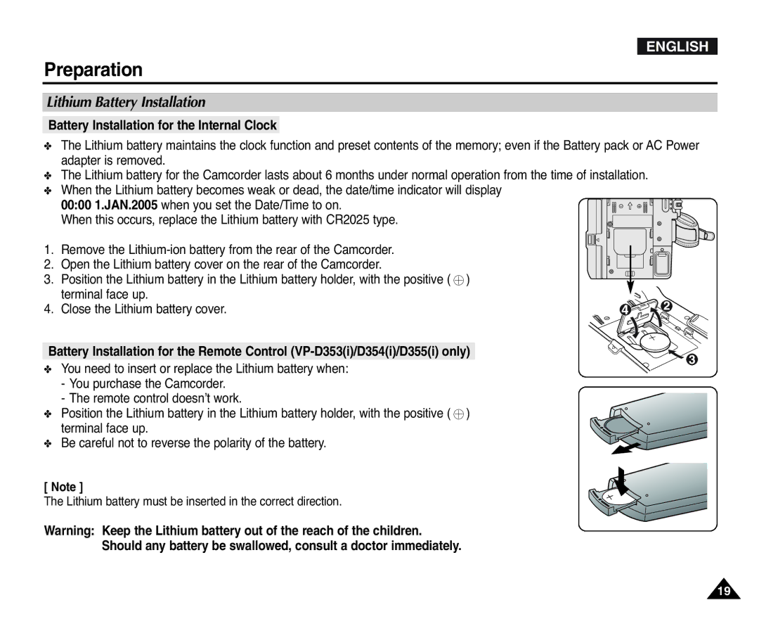 Samsung D354(i), VP-D351(i), D353(i), D355(i) manual Lithium Battery Installation, Battery Installation for the Internal Clock 