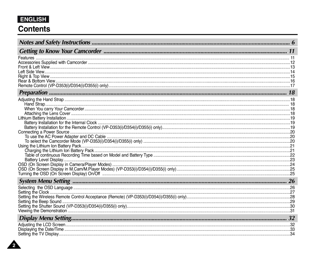 Samsung D355(i), VP-D351(i), D353(i), D352(i), D354(i) manual Contents 