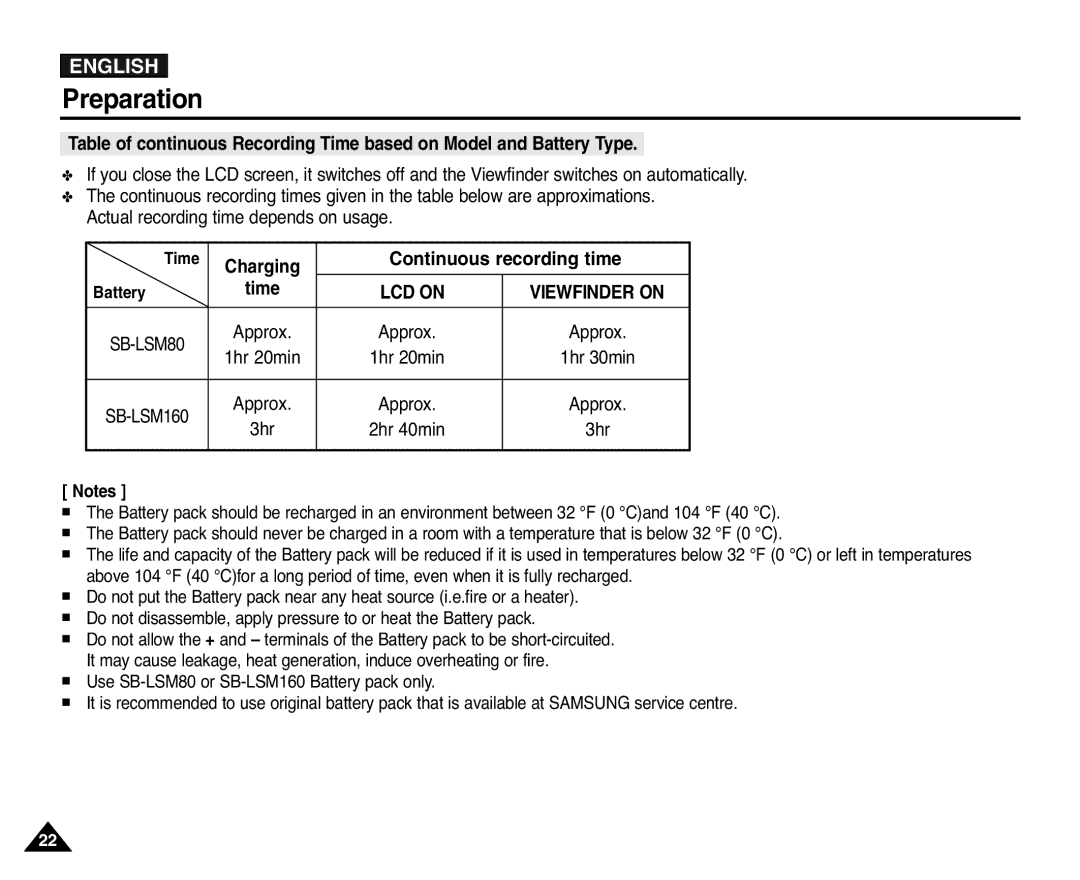 Samsung D355(i), VP-D351(i), D353(i), D352(i), D354(i) manual Continuous recording time, LCD on 