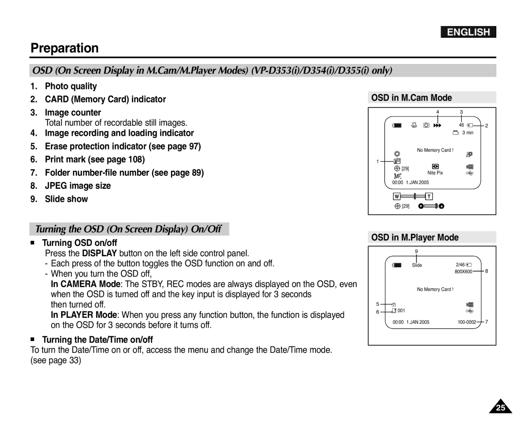 Samsung VP-D351(i) manual Turning the OSD On Screen Display On/Off, Photo quality Card Memory Card indicator Image counter 