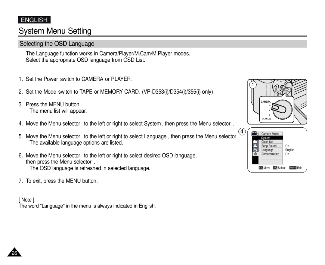 Samsung D353(i), VP-D351(i), D355(i), D352(i), D354(i) manual System Menu Setting, Selecting the OSD Language 