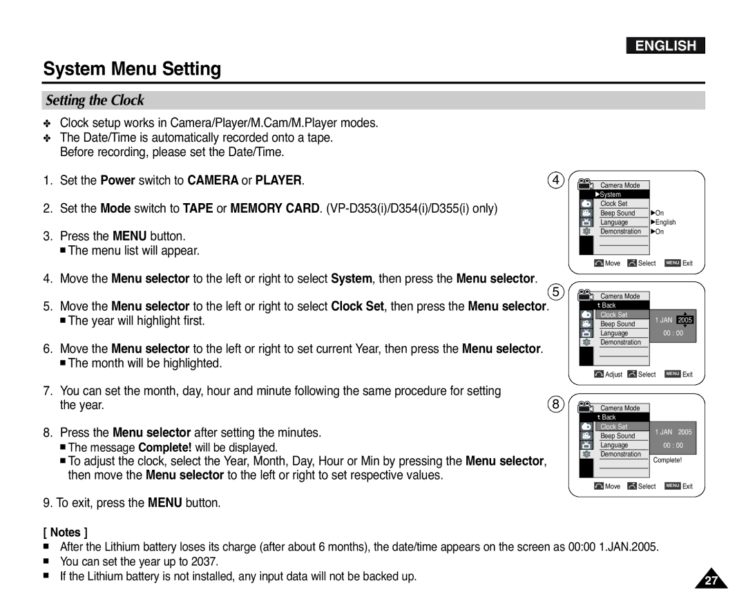 Samsung D355(i), VP-D351(i), D353(i), D352(i), D354(i) manual Setting the Clock 