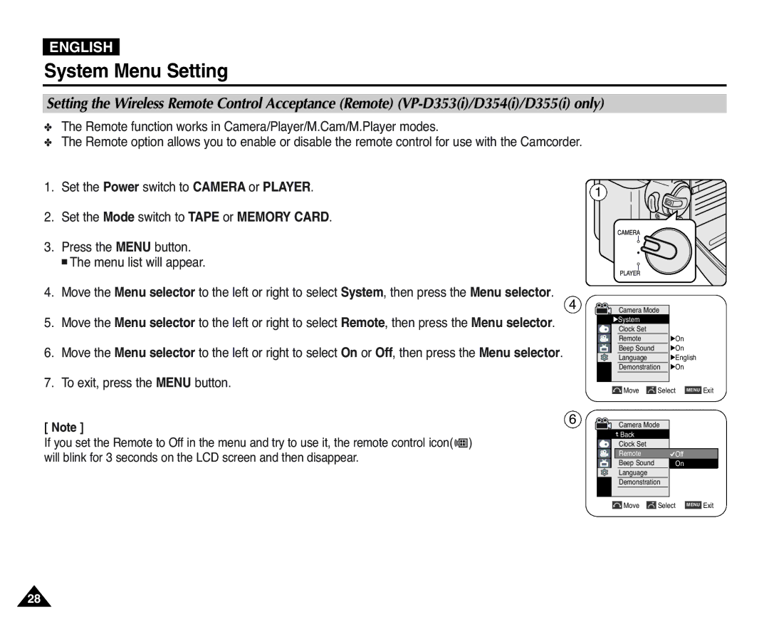 Samsung D352(i), VP-D351(i), D353(i), D355(i), D354(i) manual Remote Off 