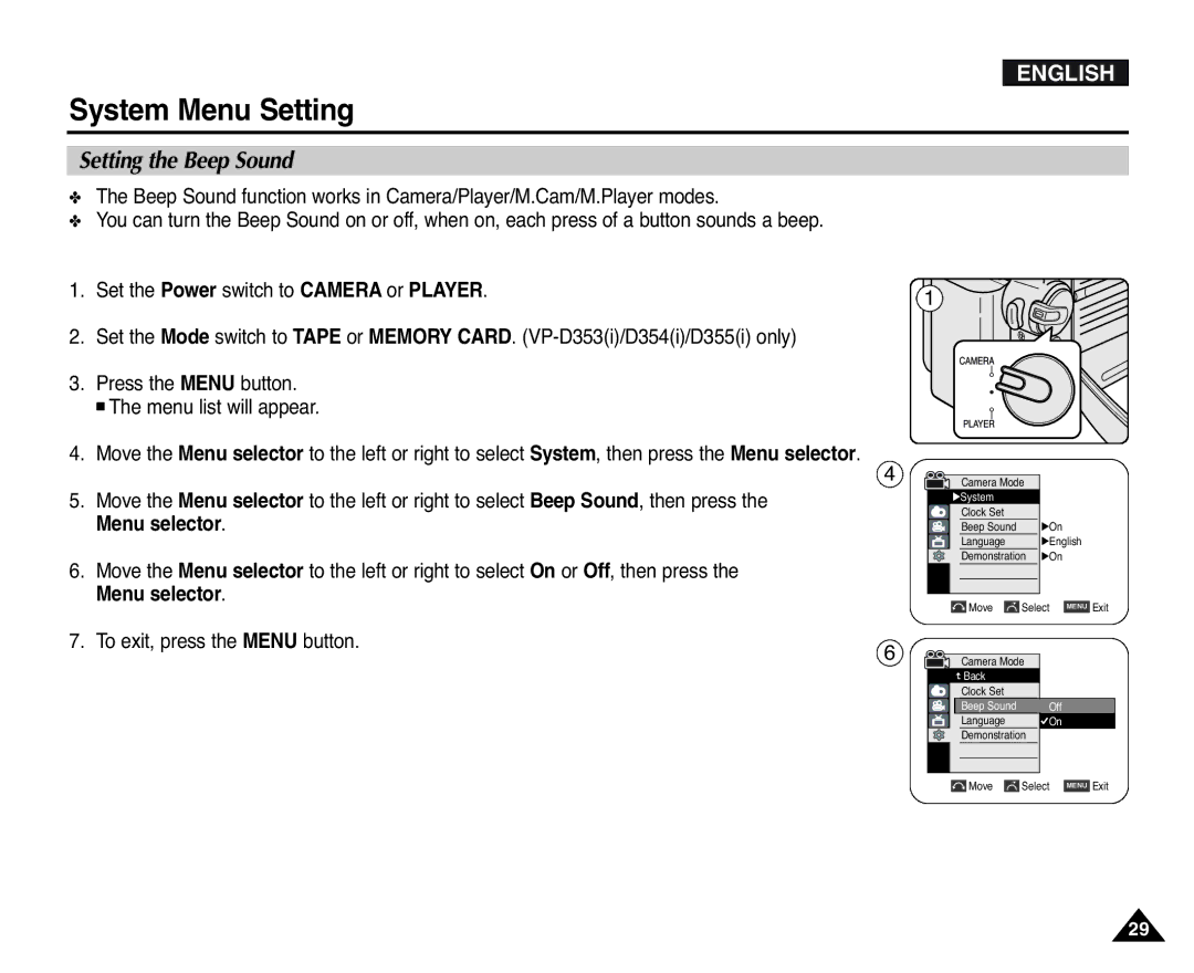 Samsung D354(i), VP-D351(i), D353(i), D355(i), D352(i) manual Setting the Beep Sound 