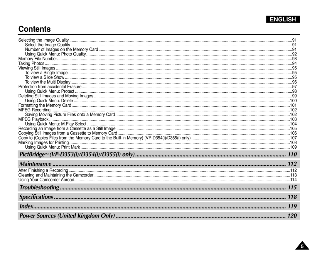 Samsung VP-D351(i), D353(i), D355(i), D352(i), D354(i) manual 110, 112, 115, 118, 119, 120 