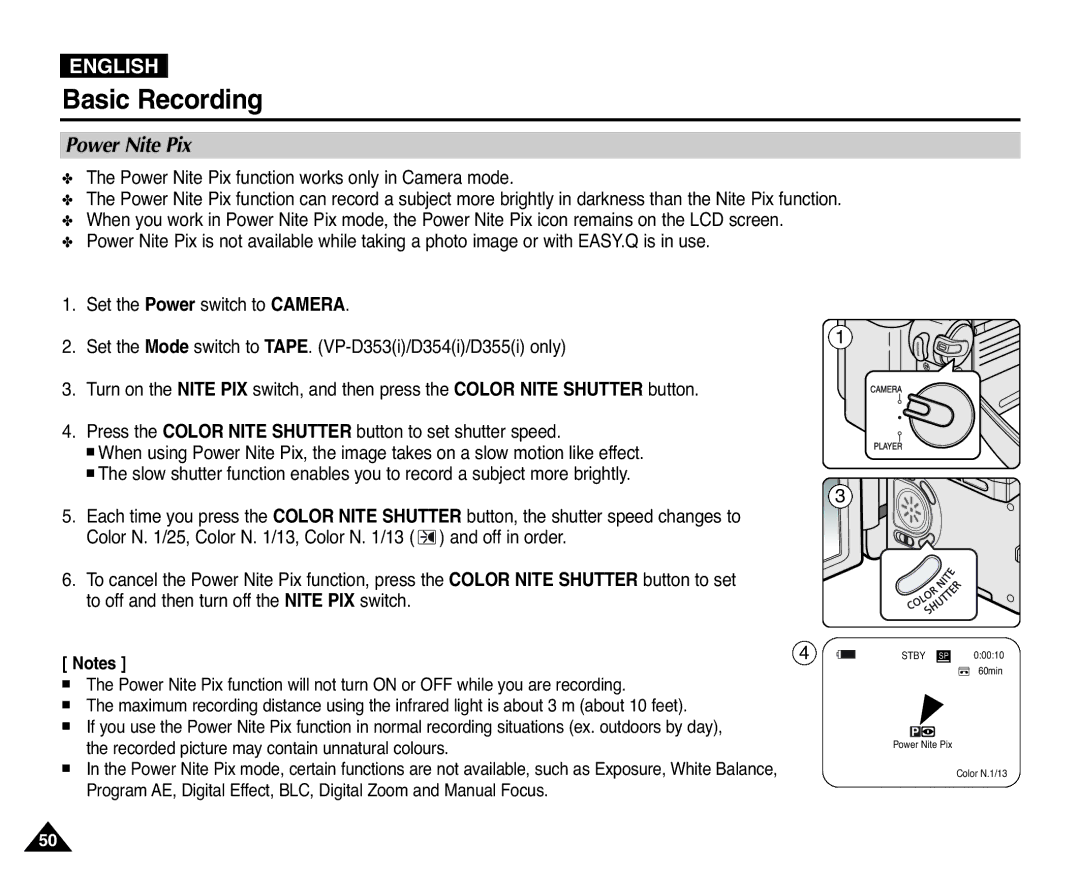 Samsung VP-D351(i), D353(i), D355(i), D352(i), D354(i) manual Power Nite Pix 