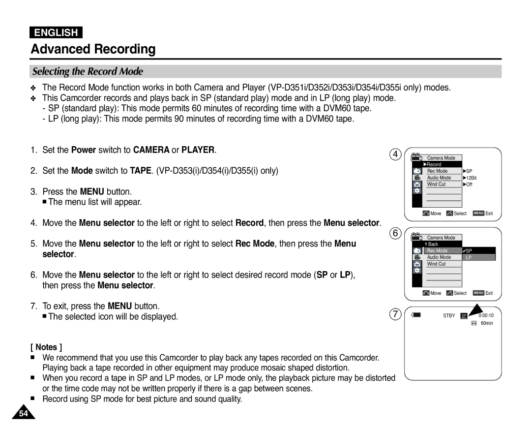 Samsung D354(i), VP-D351(i), D353(i), D355(i), D352(i) manual Selecting the Record Mode, √Sp 