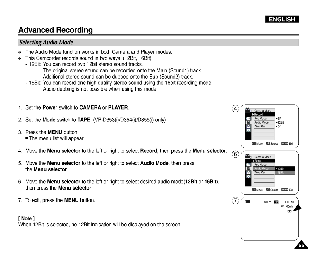 Samsung VP-D351(i), D353(i), D355(i) manual Selecting Audio Mode, Audio Mode function works in both Camera and Player modes 