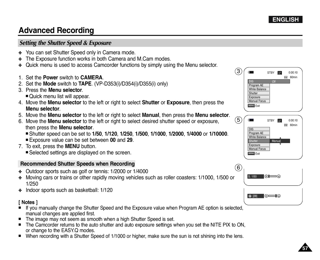 Samsung D355(i), VP-D351(i) Setting the Shutter Speed & Exposure, Press the Menu selector, Then press the Menu selector 