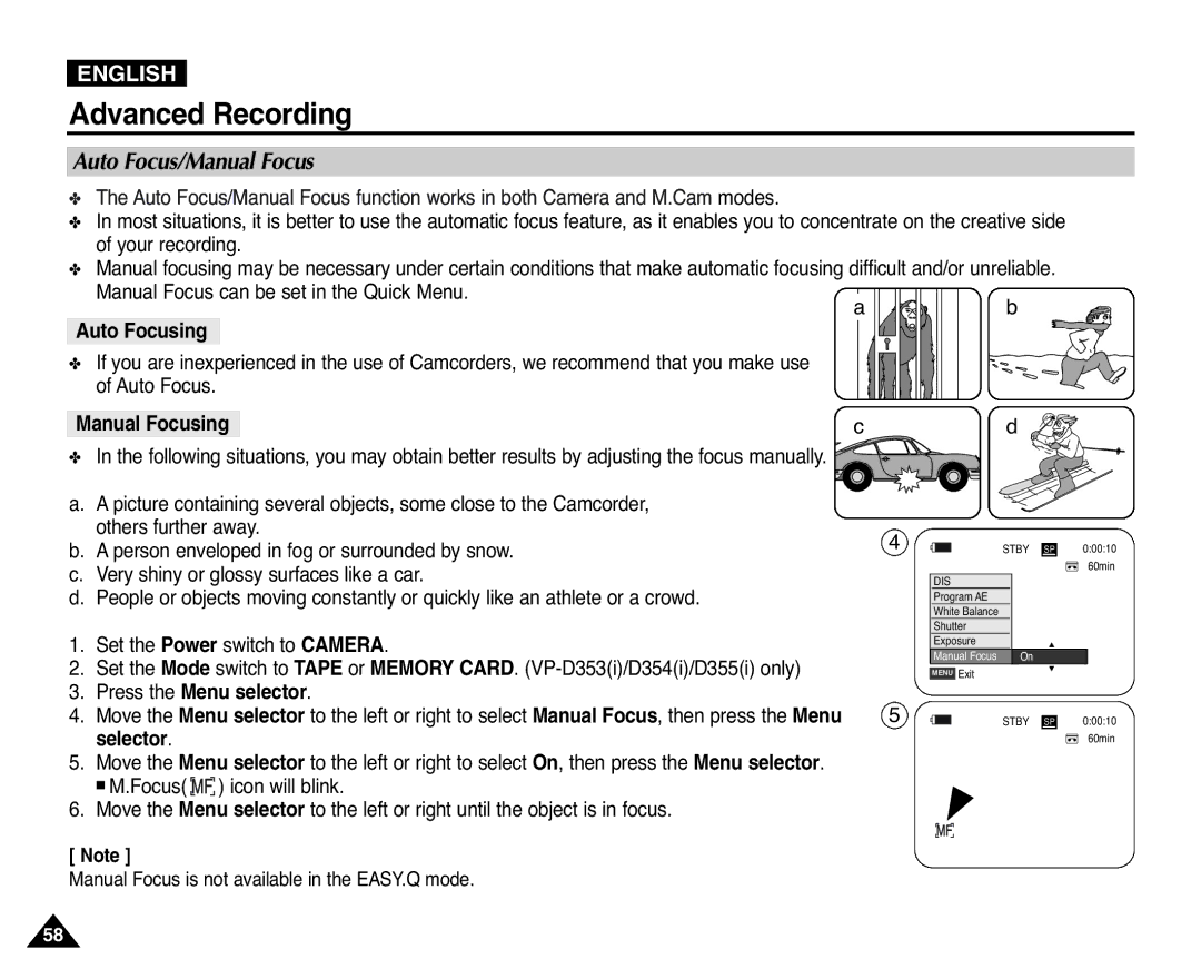 Samsung D352(i), VP-D351(i), D353(i), D355(i), D354(i) manual Auto Focus/Manual Focus, Auto Focusing 