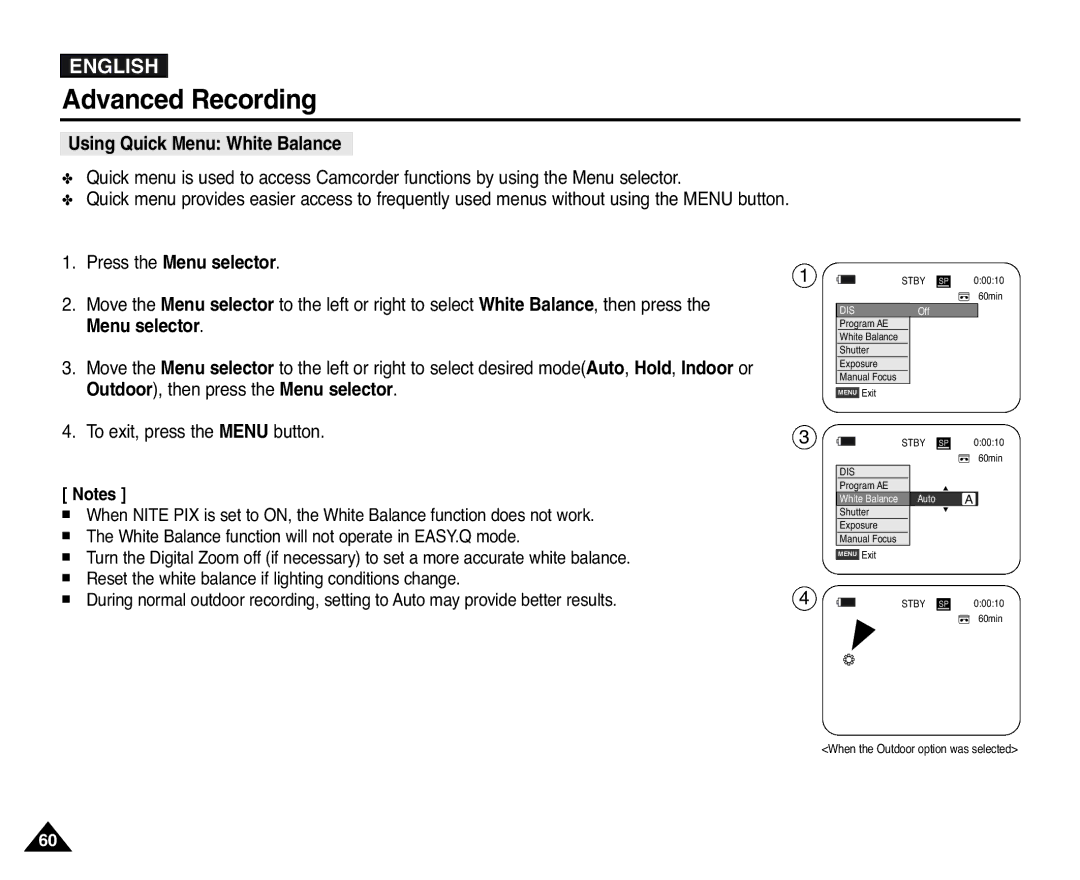 Samsung VP-D351(i), D353(i), D355(i), D352(i), D354(i) manual Using Quick Menu White Balance 