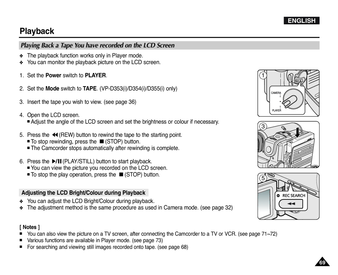 Samsung D354(i), VP-D351(i), D353(i), D355(i), D352(i) manual Playback, Playing Back a Tape You have recorded on the LCD Screen 