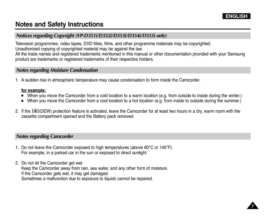 Samsung D355(i), VP-D351(i), D353(i), D352(i), D354(i) manual English 