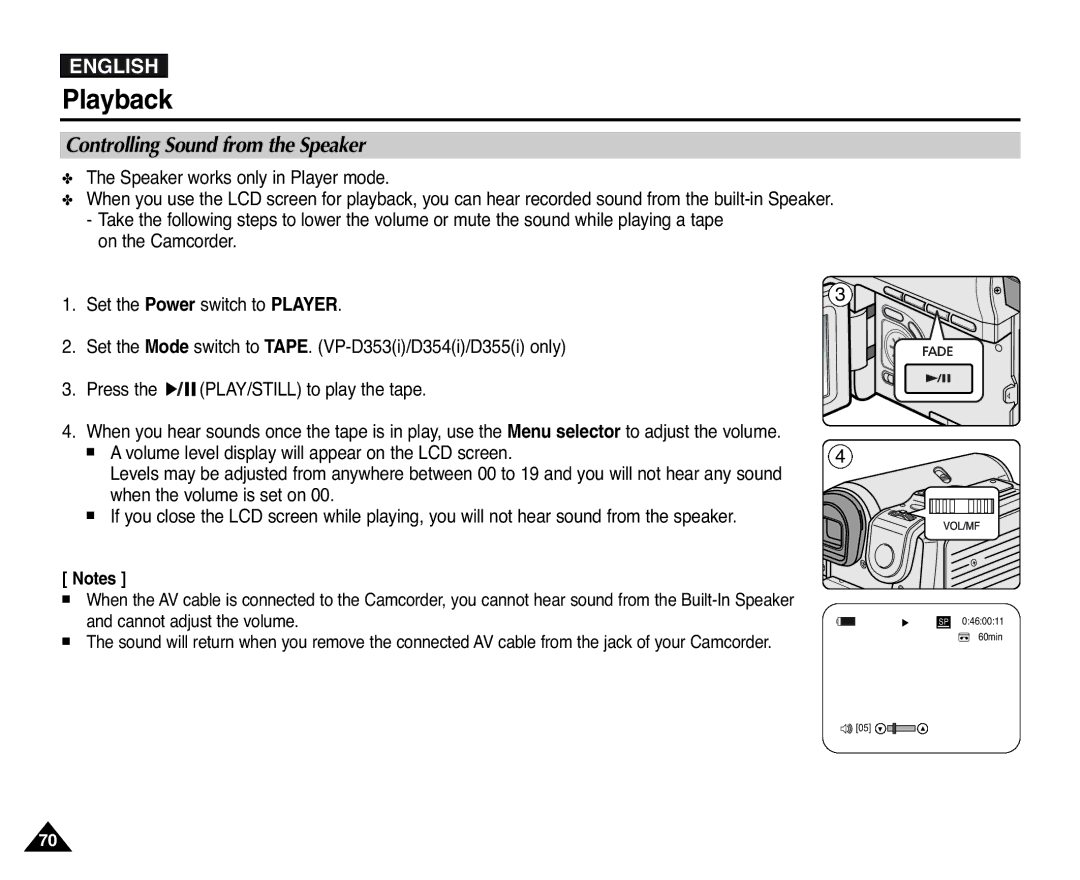 Samsung VP-D351(i), D353(i), D355(i), D352(i), D354(i) manual Controlling Sound from the Speaker 