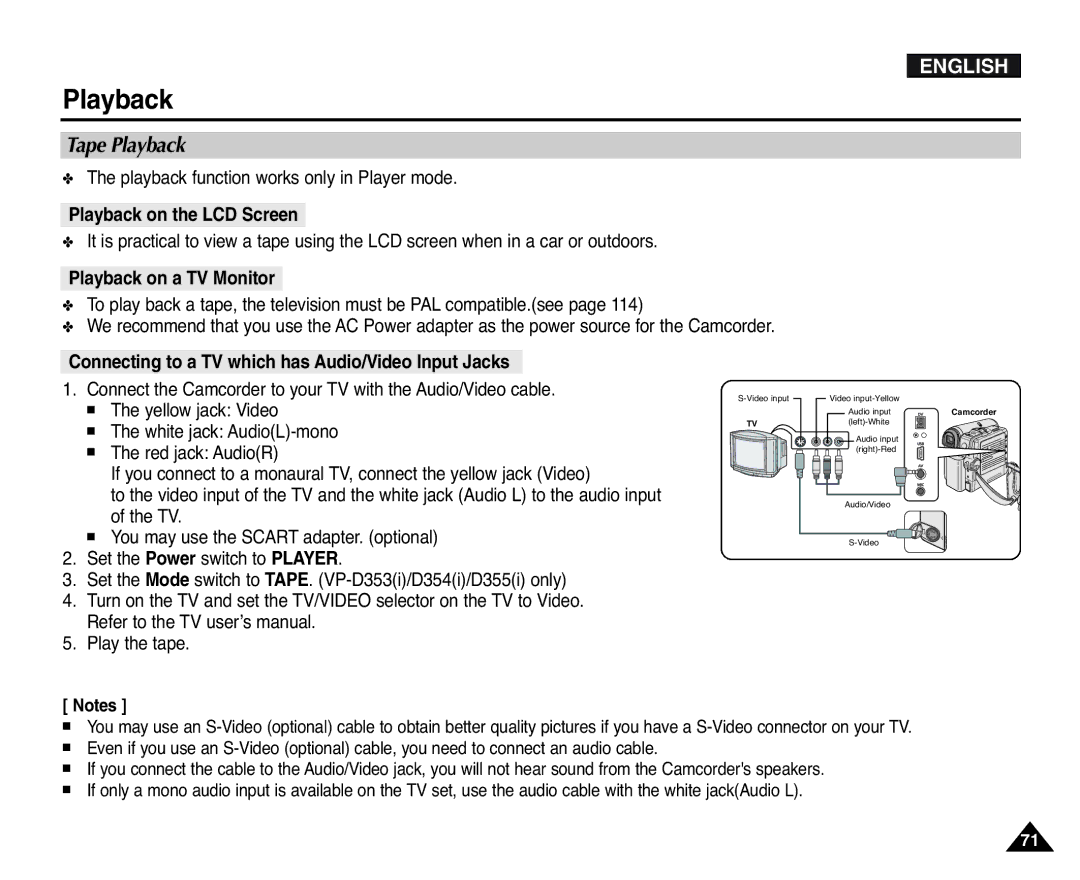 Samsung D353(i), VP-D351(i), D355(i) Tape Playback, Playback function works only in Player mode, Playback on the LCD Screen 