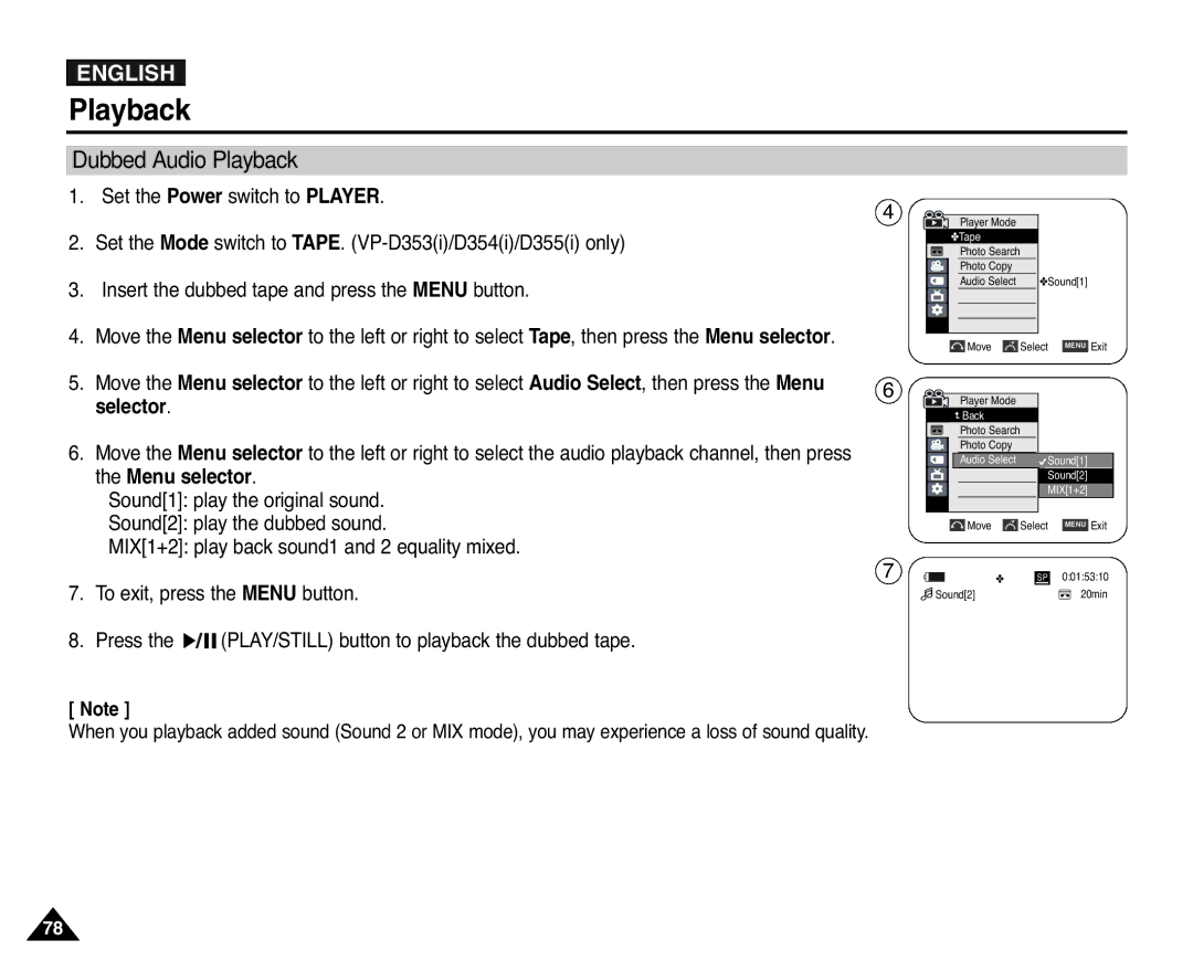 Samsung D352(i), VP-D351(i), D353(i), D355(i) manual Dubbed Audio Playback, Insert the dubbed tape and press the Menu button 