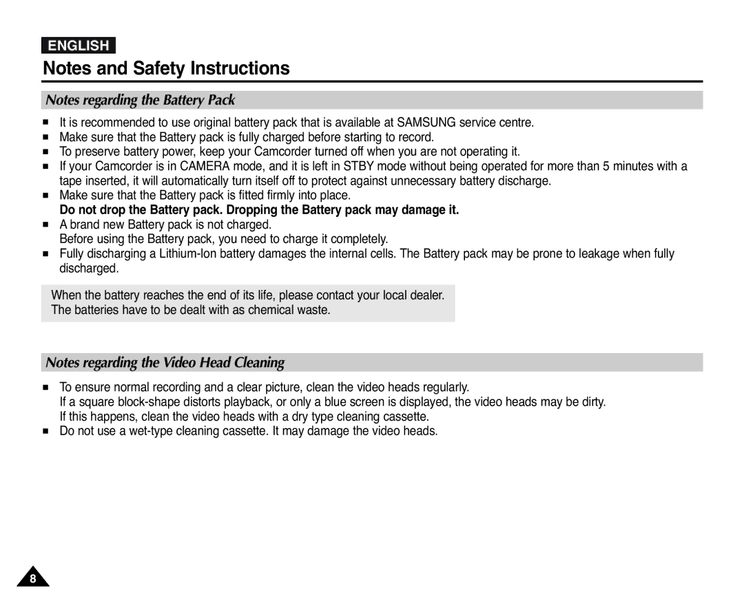 Samsung D352(i), VP-D351(i), D353(i), D355(i), D354(i) manual Make sure that the Battery pack is fitted firmly into place 