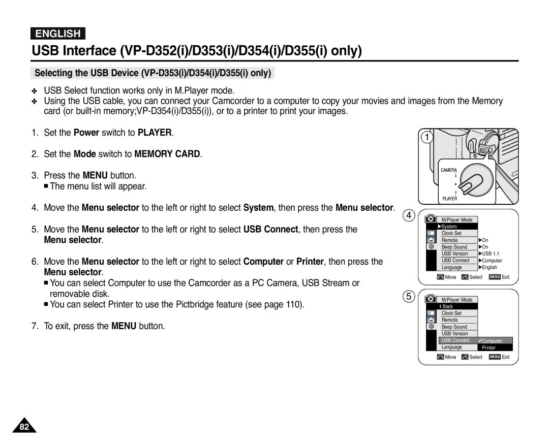 Samsung D355(i), VP-D351(i), D353(i), D352(i), D354(i) manual Selecting the USB Device VP-D353i/D354i/D355i only 