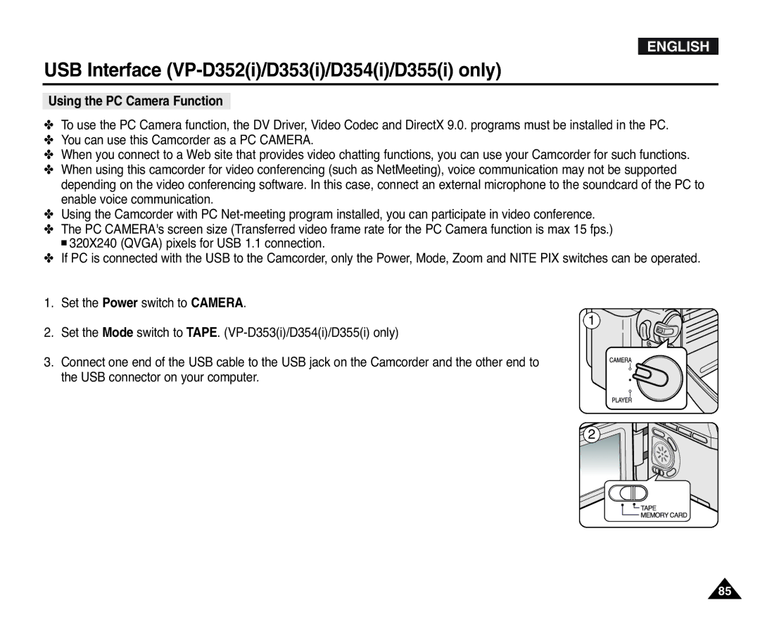 Samsung VP-D351(i), D353(i), D355(i), D352(i), D354(i) manual Using the PC Camera Function 