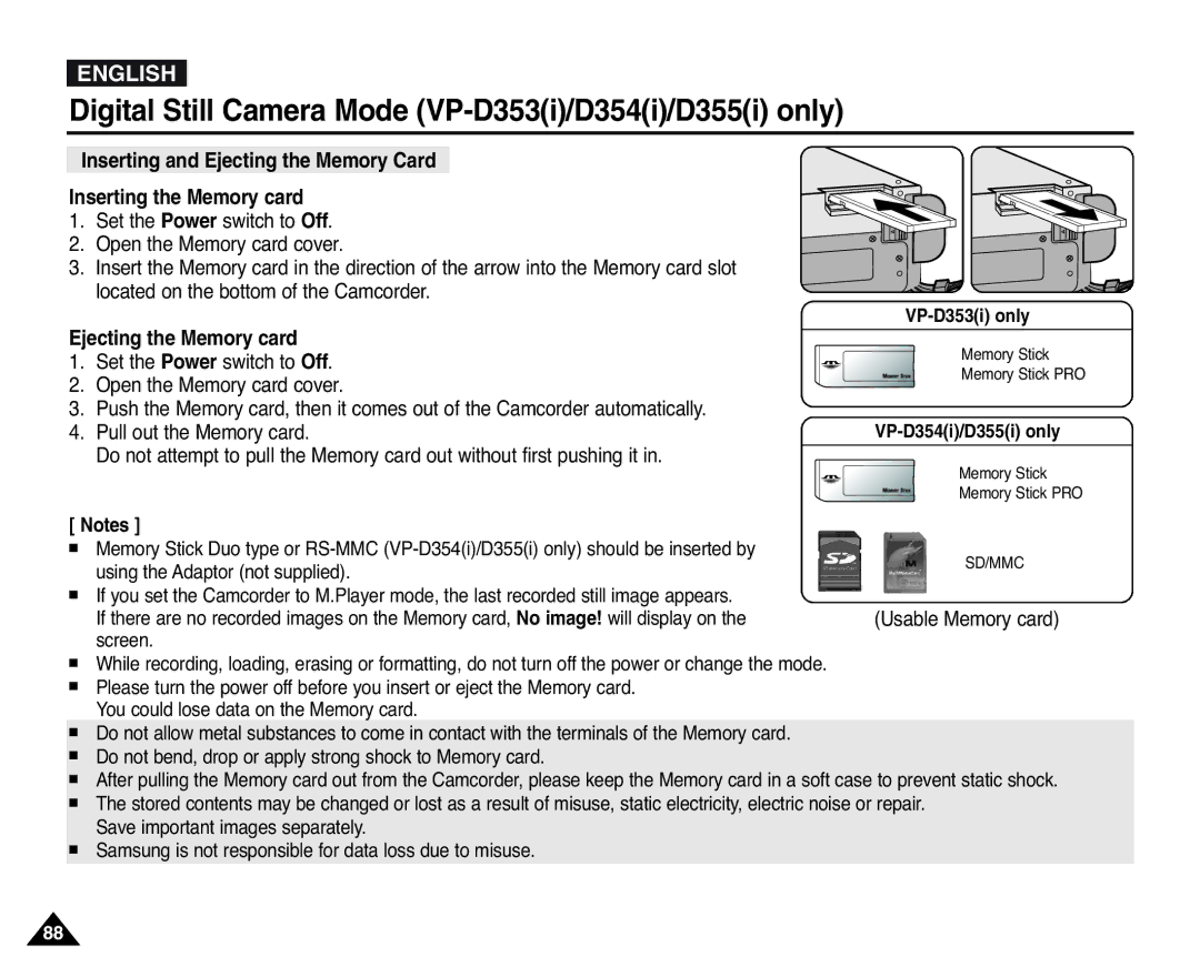 Samsung D352(i), VP-D351(i), D353(i), D355(i), D354(i) manual Ejecting the Memory card 